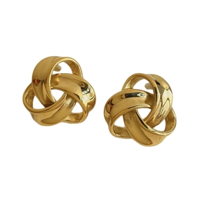 Polished golden stainless steel twisted triple knot earrings with a geometric design
