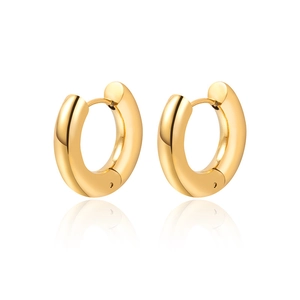 Polished 18k gold plated stainless steel chunky huggie hoop earrings on white background