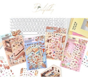 Detailed view of 2.5D miniature life scene stickers featuring a cafe and supermarket theme