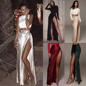 Gonna Lunga In Velluto Spacco Alto Vita Alta Pieghettata Elegante Festa Clubwear Tinta Unita Da Donna
