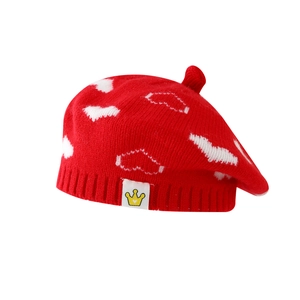 Toddler girl knit beret with heart jacquard patterns and cute crown label for winter