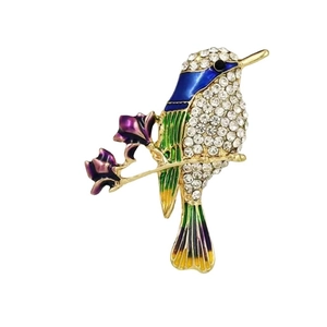 Golden enamel bird brooch with white crystals on flower branch for women scarf