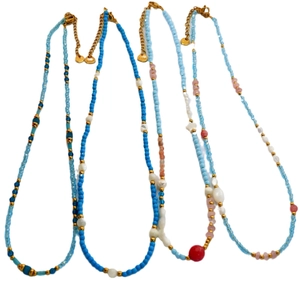 Handmade beaded necklace with natural stones, freshwater pearls and gold stainless steel