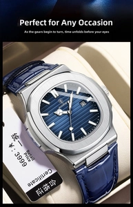 Detail of blue textured dial and silver markers on a men's business quartz watch