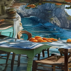 Detail of Mediterranean tapestry showing ocean view and citrus table in woven fabric