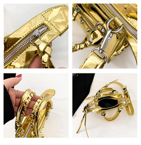 Detail shots of gold glossy patent leather bag with metallic studs and woven handles