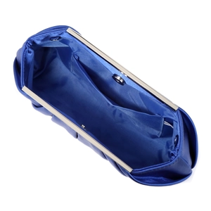 Top view of blue pleated satin evening bag showing inner compartment and silver frame