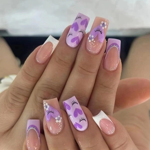 Purple Heart Eye Pattern French Press On Nails Glossy False Nails For Women Cute Sweet Nail Art