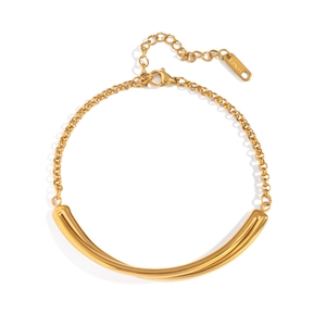 Minimalist gold titanium steel chain bracelet with curved bar and polished finish