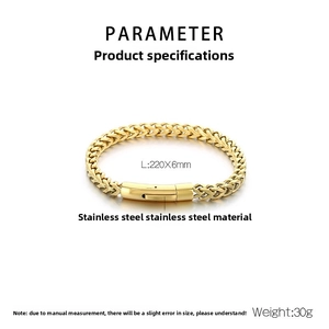 Detail view of 6mm wide gold stainless steel wheat chain bracelet showing 220mm length
