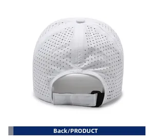 Rear view of white breathable baseball cap showing laser-cut holes and velcro strap
