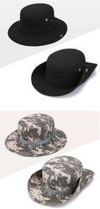 Detail of outdoor sun hats in black and digital camo with foldable snap brims