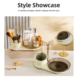 Three-in-one makeup organizer tray with brush holder and antler-shaped jewelry stand