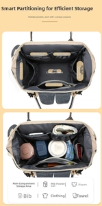 Detailed view of spacious diaper bag interior showing multi-pocket organization for baby gear