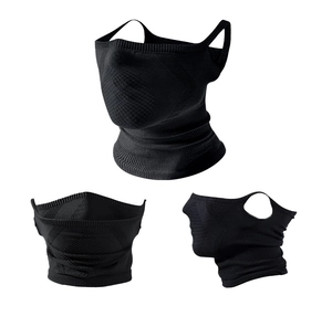 Detail view of the breathable knit texture and ear-loop design of the black neck gaiter
