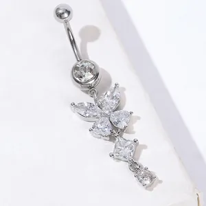 Elegant butterfly belly ring with silver-tone plating and AAA clear cubic zirconia stones