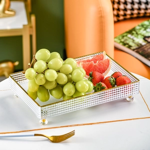Nordic luxury clear glass fruit tray with gold rim and ball feet for home decor