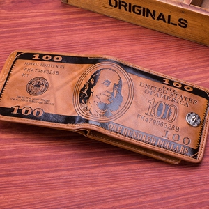Retro brown bifold wallet featuring 100 USD bill print and secure snap closure