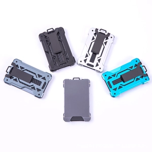 Tactical metal RFID card holder with AirTag slot in various colors and carbon fiber finish