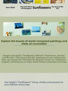 Detailed close-up of acrylic art magnets featuring Van Gogh Starry Night and Sunflowers
