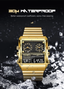 Water splash close-up of gold square men's watch with triple time zone and 30m water resistance