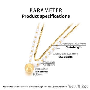 Detailed view of gold stainless steel layered necklace with pearl and 18mm bead