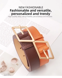 Detailed view of women's PU leather belts with gold geometric diamond buckles in coffee and orange