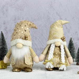Christmas Gnome Plush Doll Golden White Sequin Snowflake Pattern Faceless Elf Figurine Home Holiday Tabletop Decoration