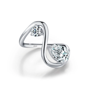 S925 sterling silver irregular line ring with sparkling round and pear-cut diamonds