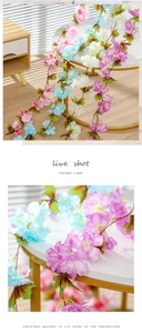 Close-up of colorful artificial flower vines with pink, blue and white silk blossoms