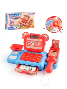 Detailed supermarket cash register toy set with light-up scanner and play money