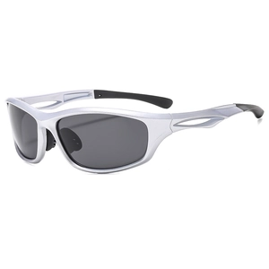 Polarized sports sunglasses with silver frame and gray lenses for outdoor cycling
