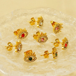 Gold-plated evil eye stud earring set with colorful zirconia stones for women