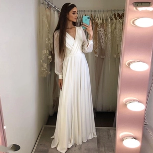 V Neck Long Sleeve Chiffon Wedding Dress Side Split Floor Length Ivory White Bridal Evening Party Maxi Gown For Women
