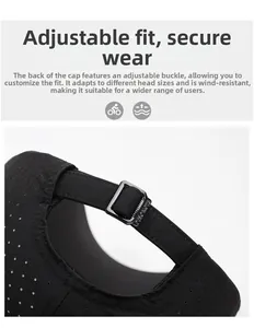 Detail of adjustable metal buckle and breathable laser-cut vents on the black sport cap