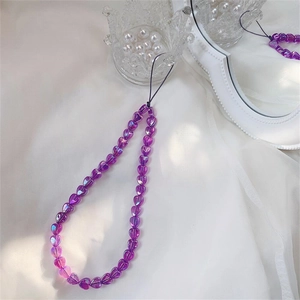 Fashionable purple acrylic heart beaded phone lanyard with crystal-like beads on white fabric