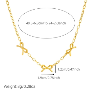 Gold stainless steel bow necklace with cross chain showing dimensions and pendant details