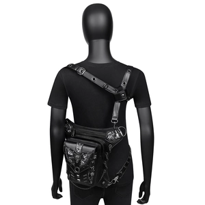 Back view of black punk gothic waist bag with skull print and metal chain on mannequin