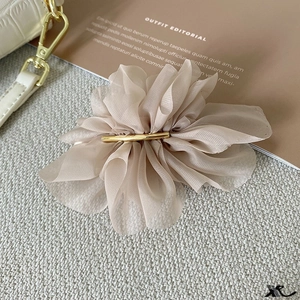 Détail de la pince à cheveux en mousseline champagne avec quincaillerie en métal doré