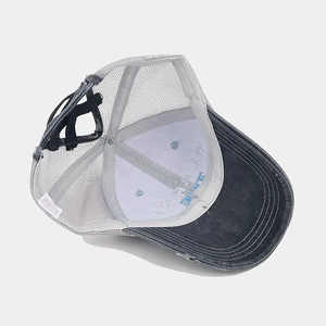 Vintage ponytail baseball cap with distressed embroidery and breathable mesh back