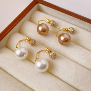 Retro double-sided pearl earrings with champagne zircon and gold-plated finish
