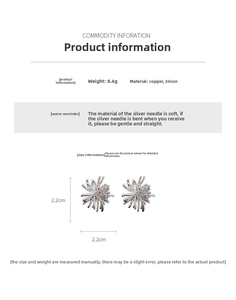 Macro detail of zircon firework stud earrings showing dimensions of 2.2cm and 8.4g weight
