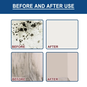 Before and after comparison of powerful mold remover spray on white walls and tile corners