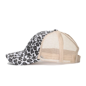 Leopard print baseball mesh cap with breathable khaki net back and curved brim for outdoor wear
