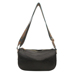 Large soft PU leather black crossbody bag with patterned strap and golden hardware