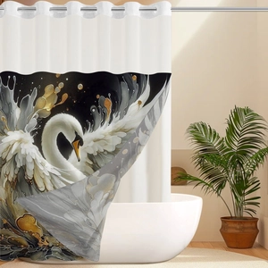 Detail of waterproof polyester shower curtain featuring artistic golden swan design