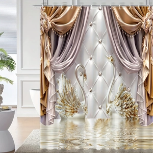 Luxury champagne gold shower curtain with 3D swan design and diamond velvet patterns