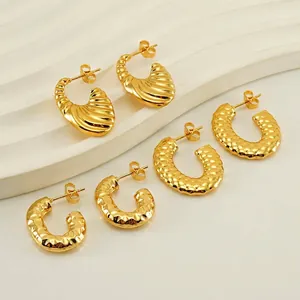 U-Shaped Hoop Earrings Stainless Steel 18K Gold Plated Hammered Texture Geometric Statement For Women Accessories
