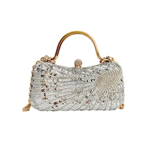Retro sequined evening handbag for women with gold metal handle and chain shoulder strap