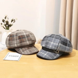 Vintage British style plaid wool beret newsboy hat with love buckle and leather strap